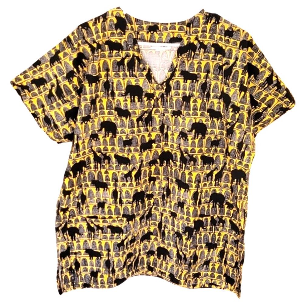 Mad About Scrubs Top Mens Large Safari Print Elephants Rhino Giraffe Black